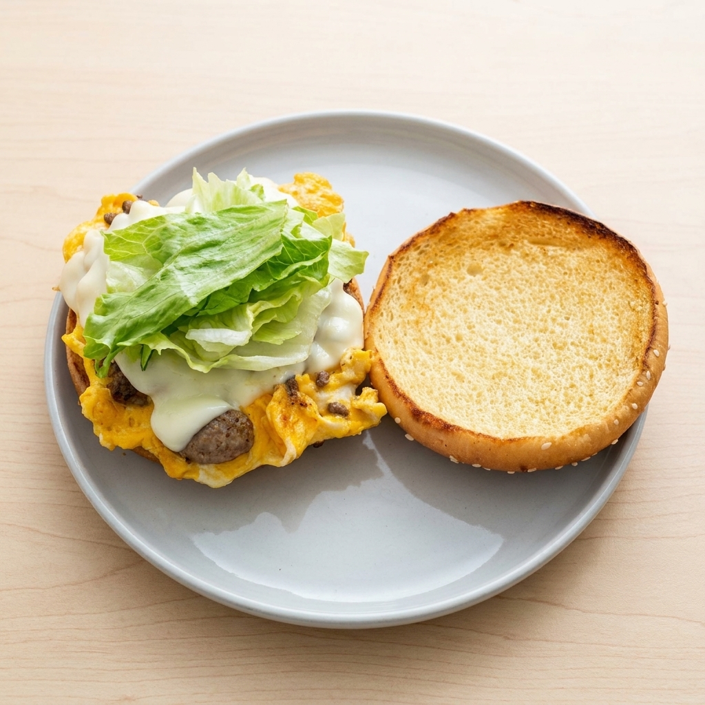 Foglie di lattuga fresca verde posizionate sopra lo stack di carne e formaggio in un panino tostato.