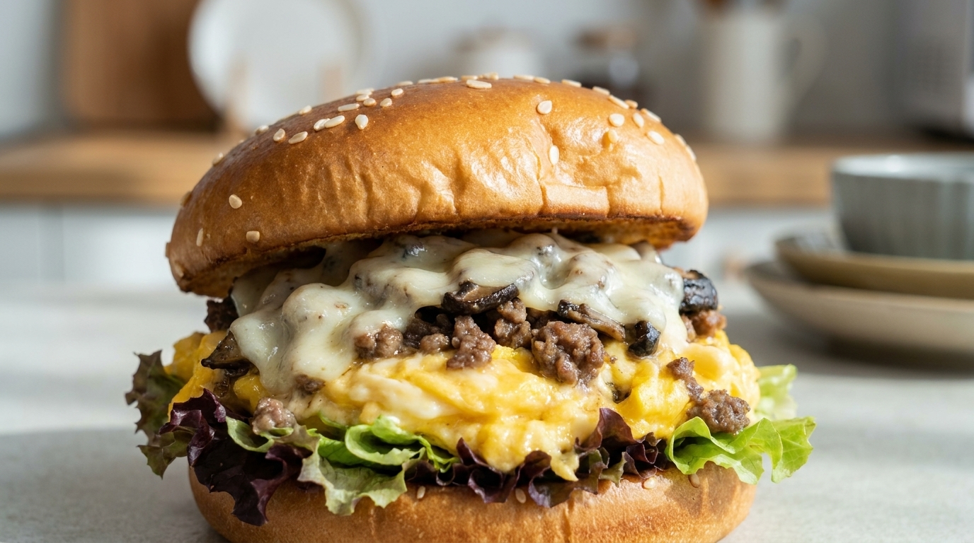 Burger di Manzo ai Funghi e Formaggio: Una Colazione Ricca e Succosa