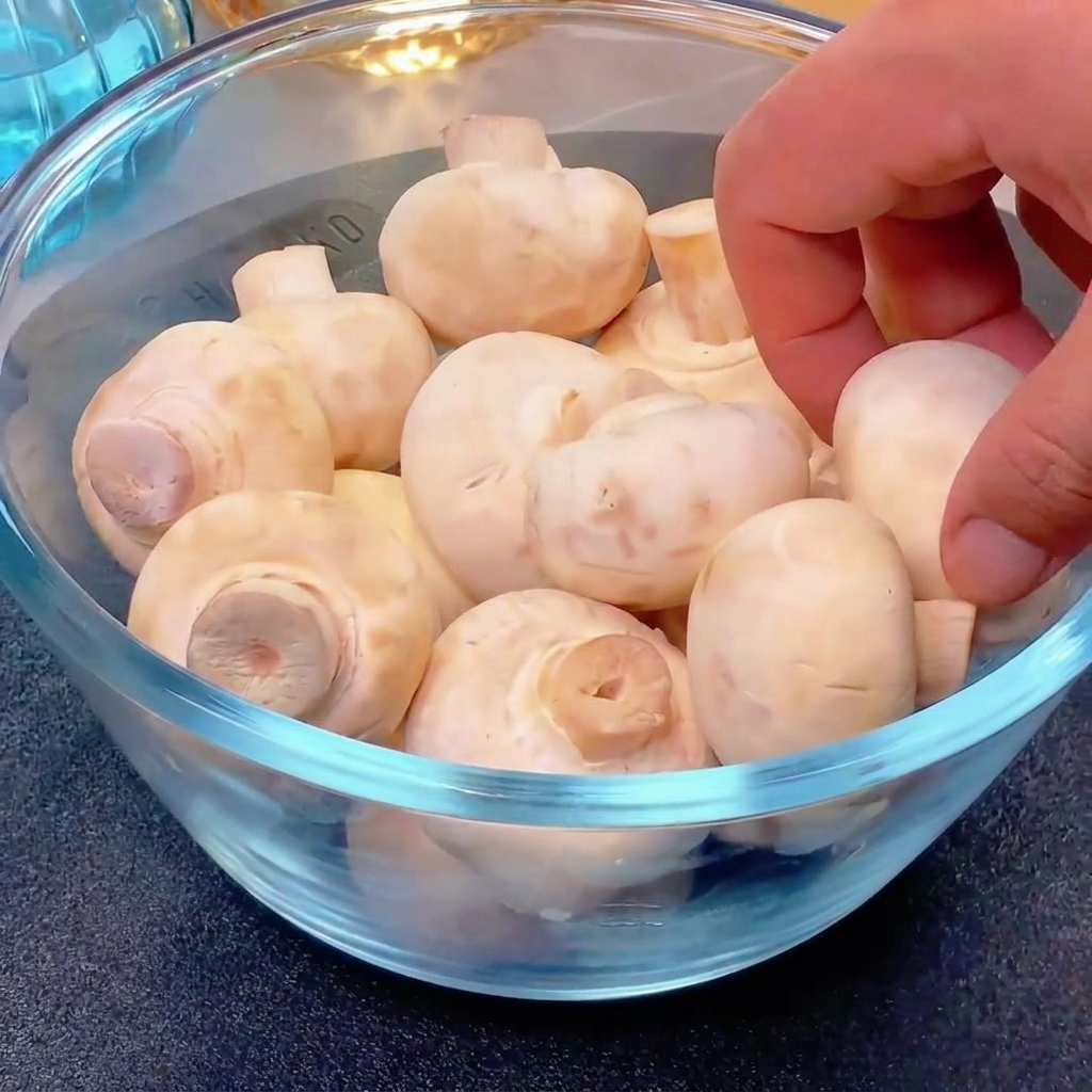 Una mano che stacca delicatamente il gambo da un fungo champignon bianco sopra una ciotola di vetro.