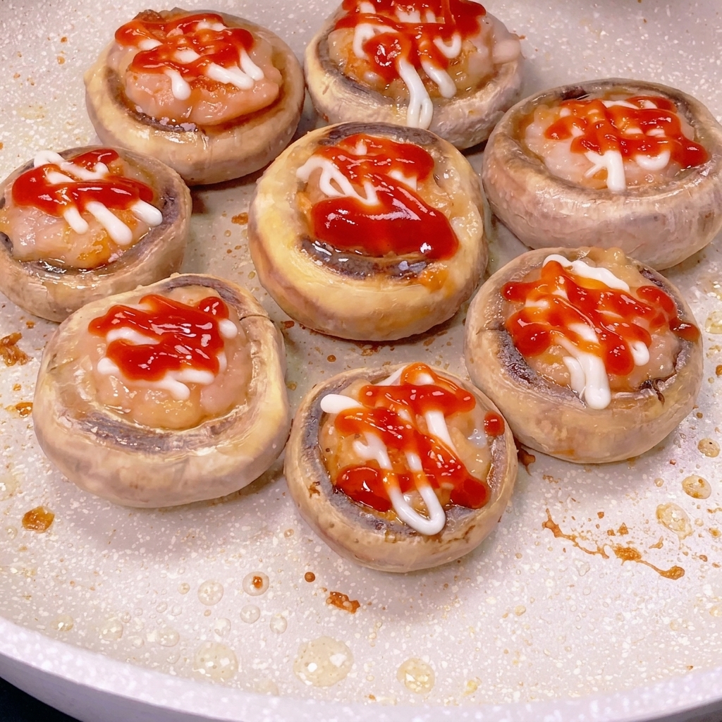 Cappelle di funghi con gamberi cotti, decorate con strisce sottili di maionese bianca e ketchup rosso.