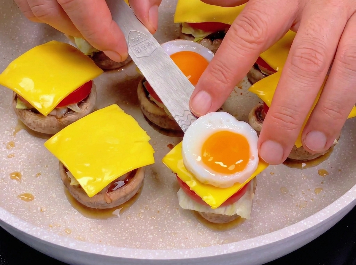 Una spatola che adagia un uovo di quaglia fritto sopra lo strato di formaggio di un burger di funghi.