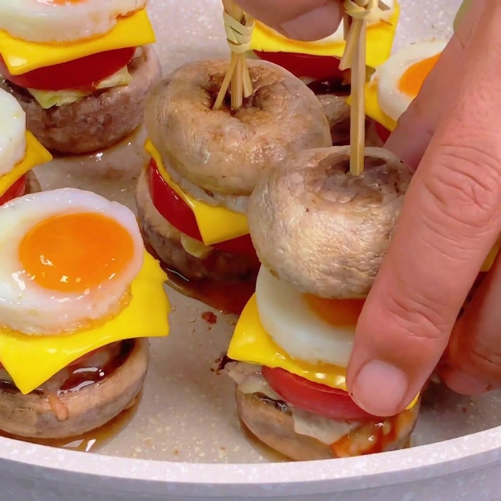 Mani che chiudono il mini burger con una seconda cappella di fungo e lo fissano con uno spiedino di bambù.