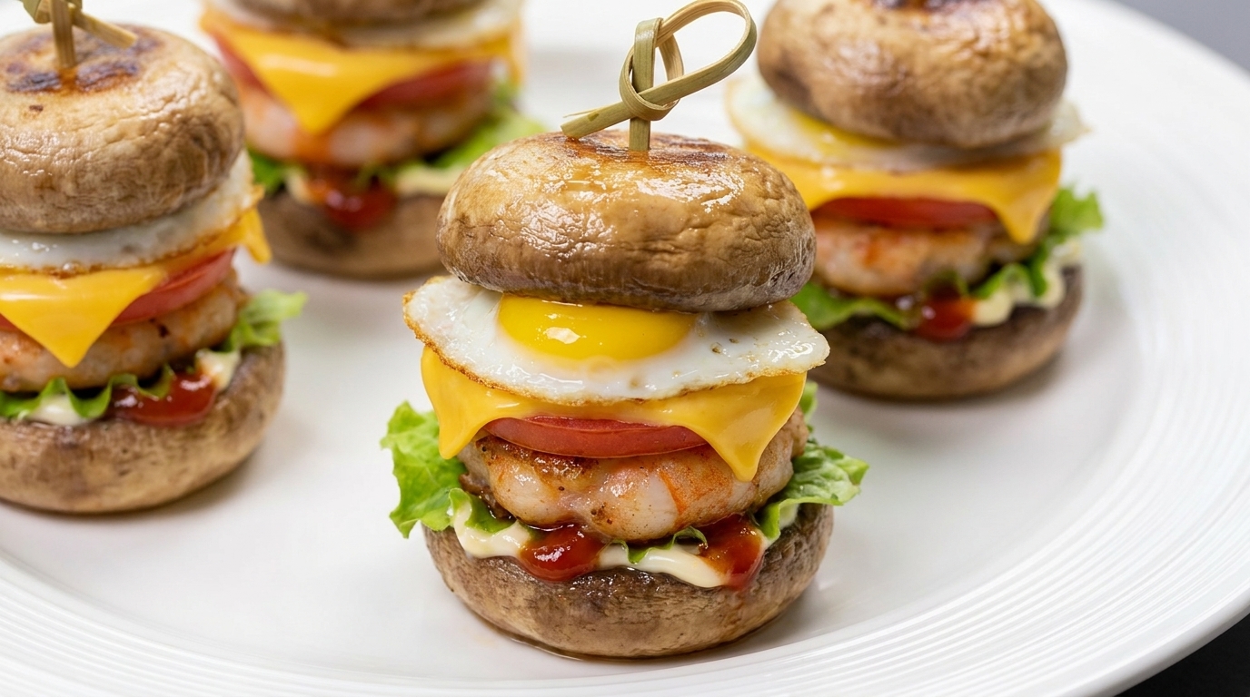 Mini Burger di Funghi e Gamberi con Uova di Quaglia