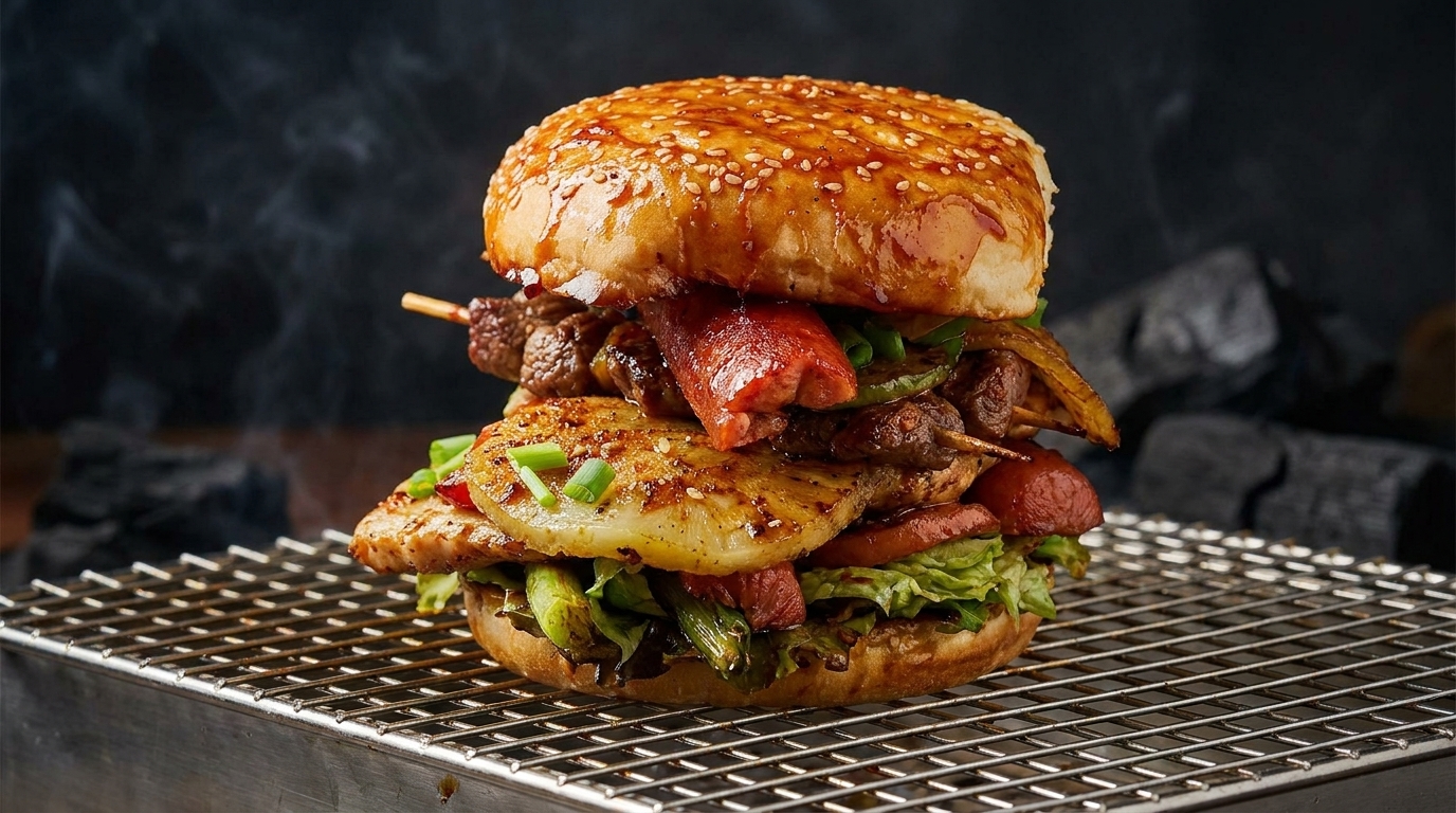 Un massiccio burger BBQ a torre con carni, spiedini e verdure grigliate in un panino al sesamo tostato