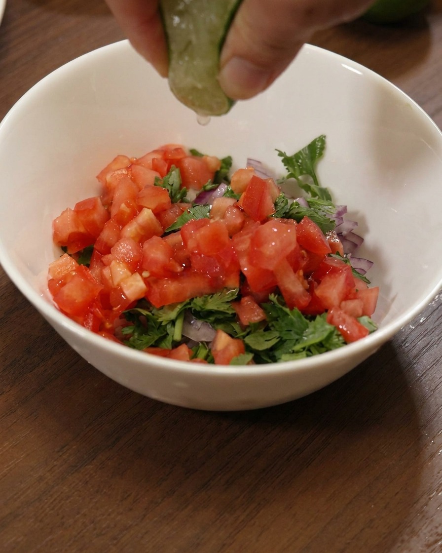 Una mano che spreme uno spicchio di lime fresco su una ciotola di pomodori, cipolle e coriandolo.
