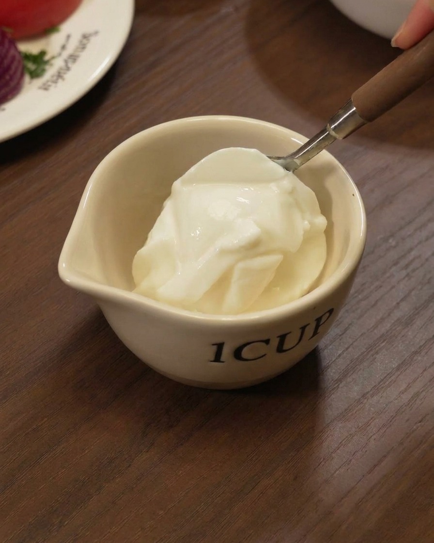 Un cucchiaio di metallo che mette una cucchiaiata di yogurt bianco denso in una tazzina bianca.