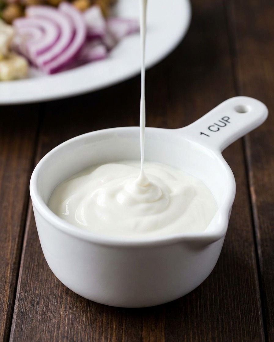 Un filo di maionese cremosa versato in una tazzina di ceramica contenente yogurt.