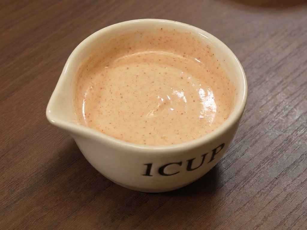 Una tazzina di ceramica con una salsa burger liscia e rosata su un tavolo di legno.