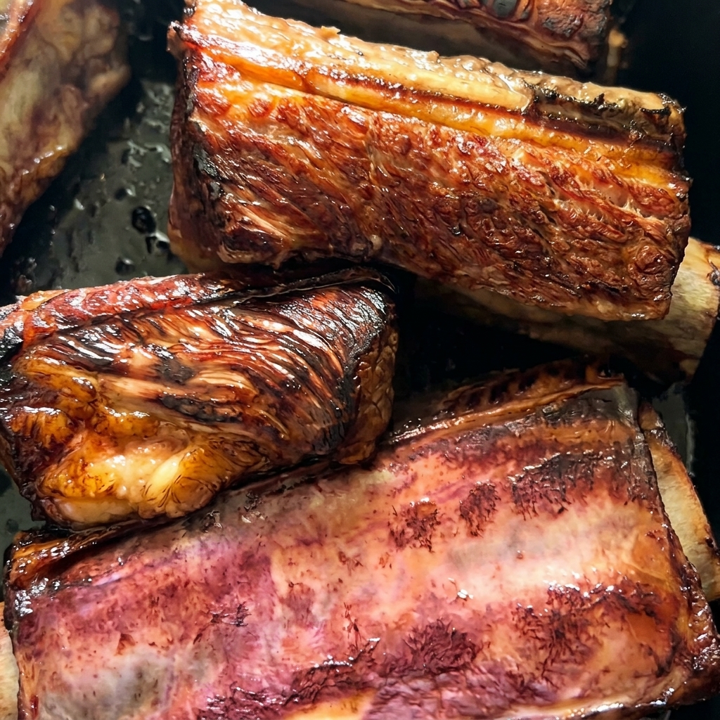 Un primo piano di spesse costine di manzo con una crosta profonda, dorata e caramellata dalla rosolatura.