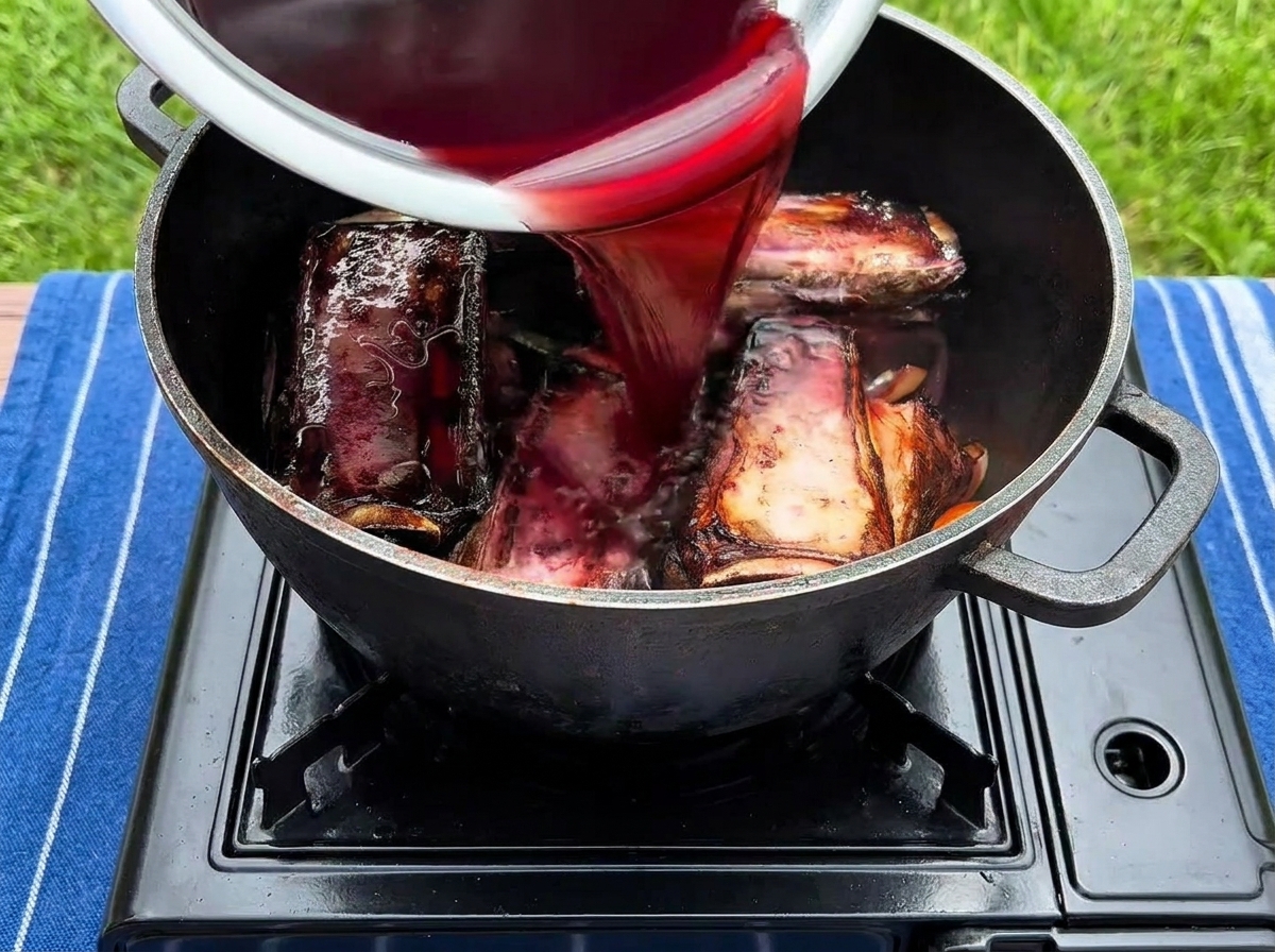 Una densa marinata al vino rosso versata da una ciotola di metallo in una pentola di ghisa nera contenente costine scottate e verdure aromatiche.
