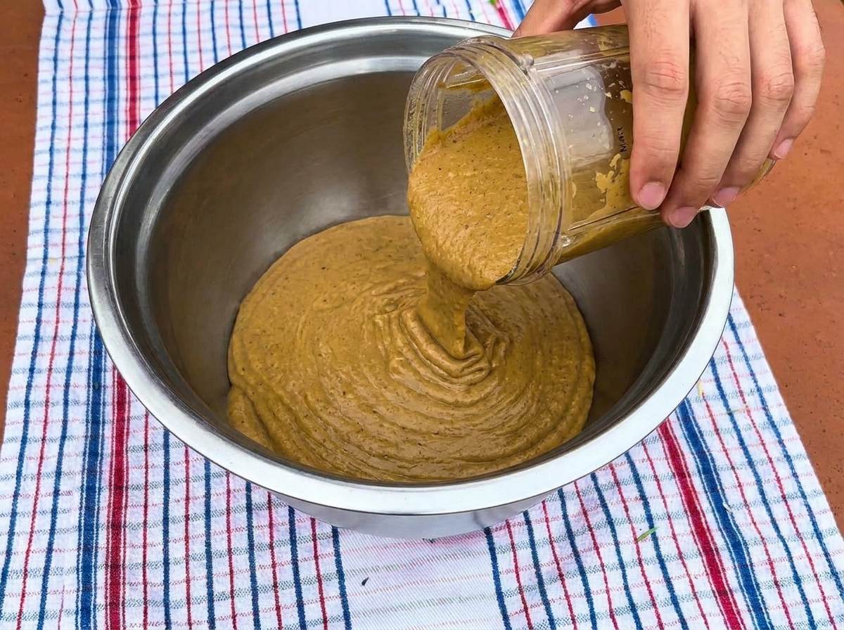 Mani che versano una densa purea di verdure dal bicchiere del frullatore in una ciotola di acciaio inossidabile.