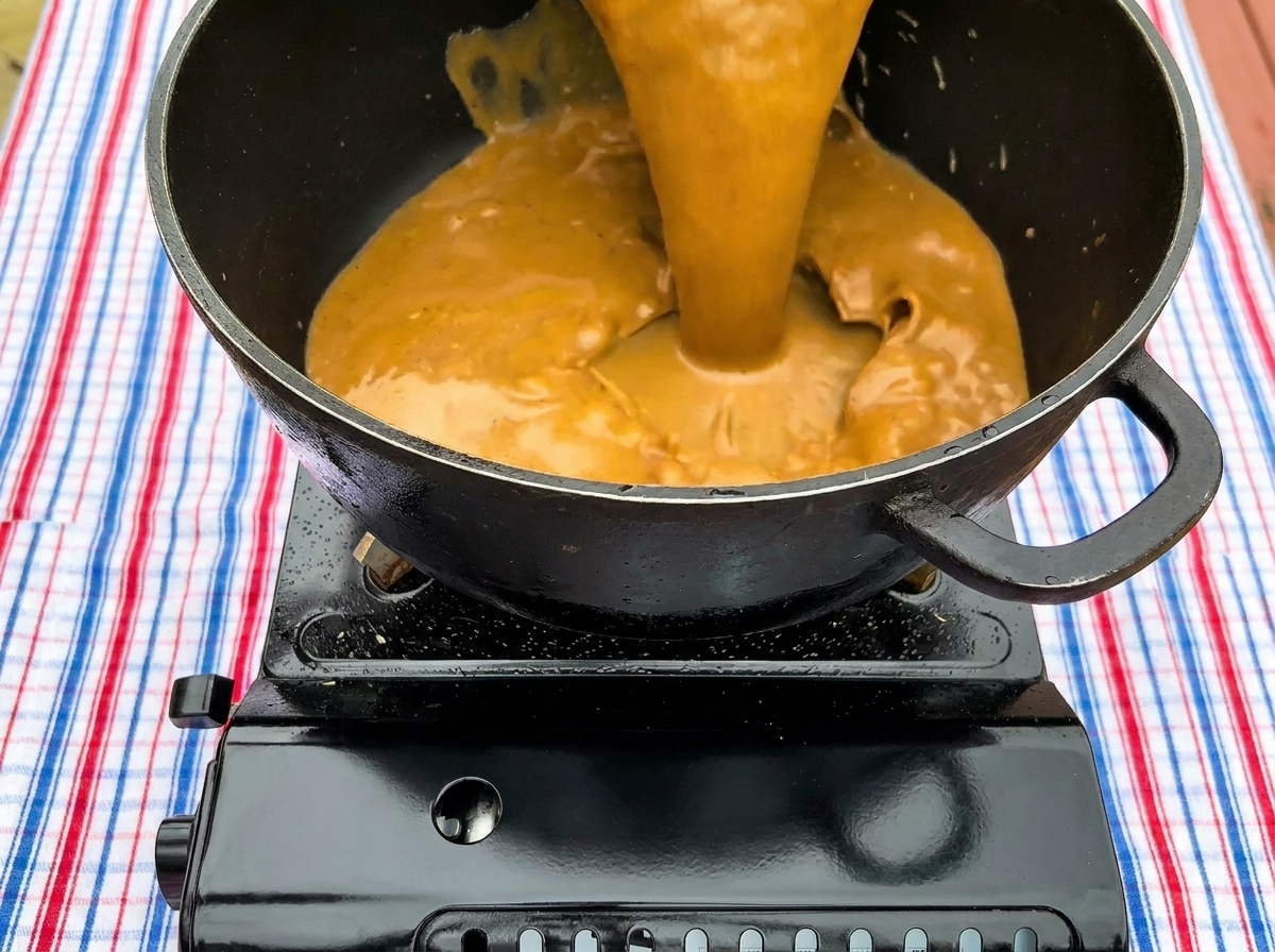 Una densa salsa marrone viene versata in una pentola nera posizionata su un fornello portatile.