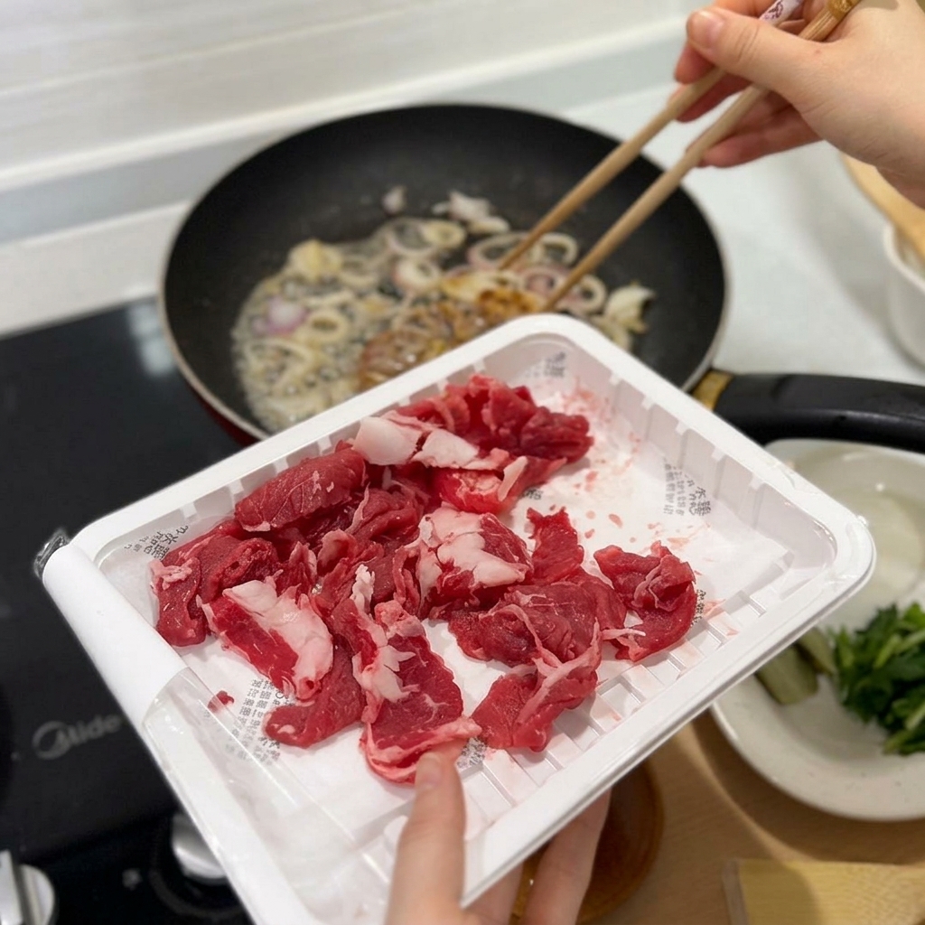 Un contenitore con fettine di manzo crudo tenuto sopra una padella con cipolle in cottura.