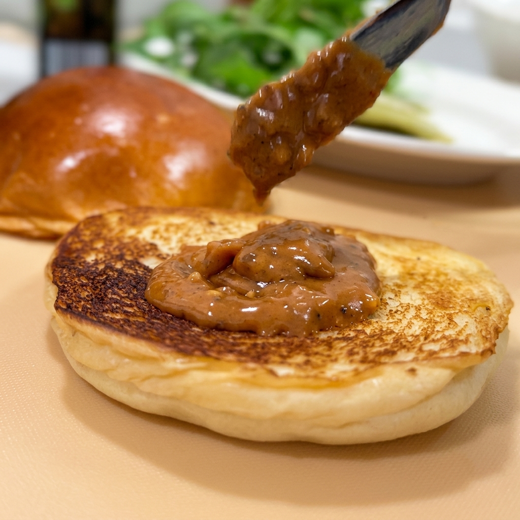 Un coltello che spalma una densa salsa di arachidi sulla superficie dorata di un panino brioche tostato.