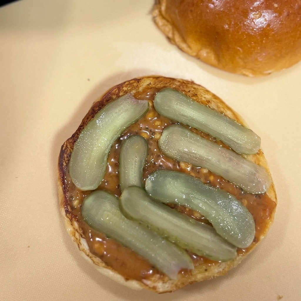 Fette di cetriolini verdi disposte sulla salsa spalmata su un panino brioche tostato.