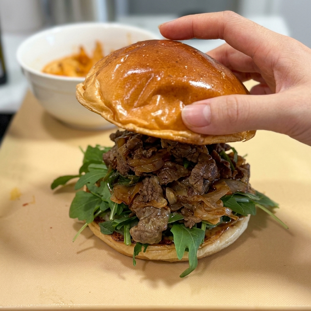 Una mano che appoggia la parte superiore di un panino brioche su un burger stratificato con manzo e rucola.