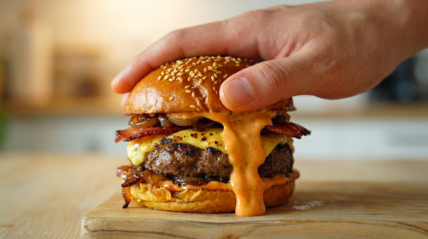 Un hamburger di manzo gourmet con formaggio fuso alla fiamma, pancetta croccante, ricche cipolle caramellate e una salsa cremosa che cola da un soffice panino brioche al sesamo