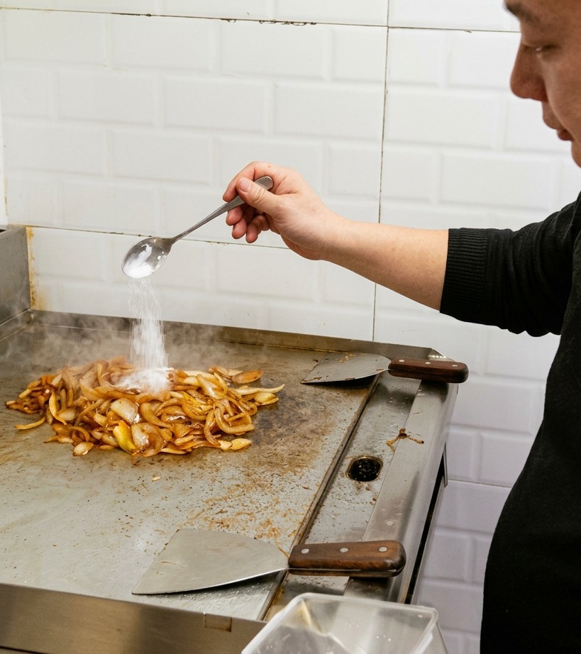 Zucchero bianco semolato versato da un cucchiaio su una pila di cipolle marroni profondamente caramellate su una piastra.