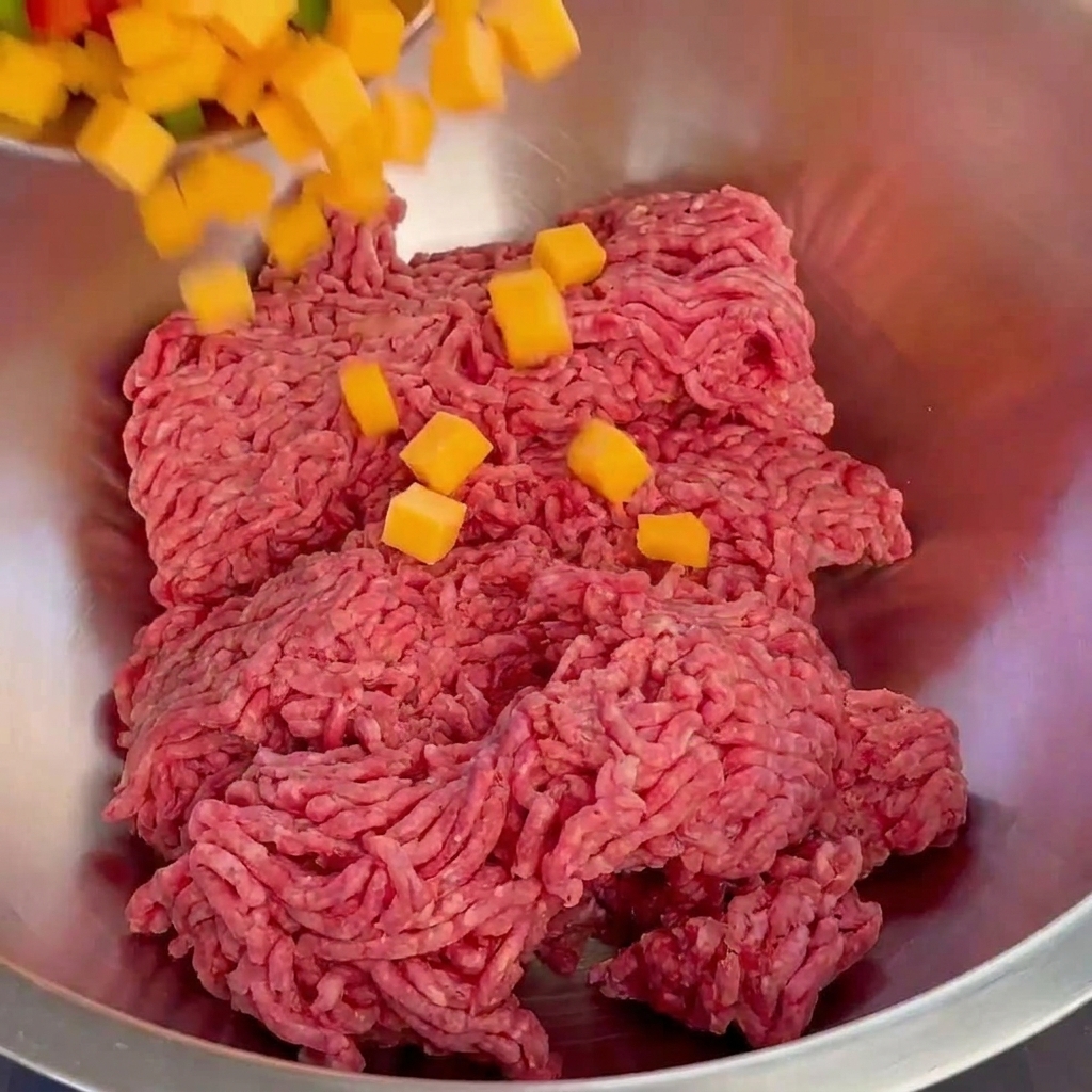 Peperoni verdi e cubetti di cheddar aggiunti alla carne macinata di manzo in una ciotola di metallo.