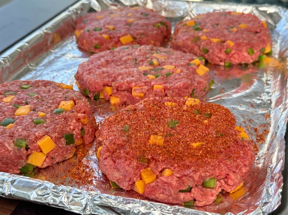 Burger di carne cruda con cubetti di formaggio e peperoni visibili, conditi con rub rosso per barbecue su un vassoio dalluminio.