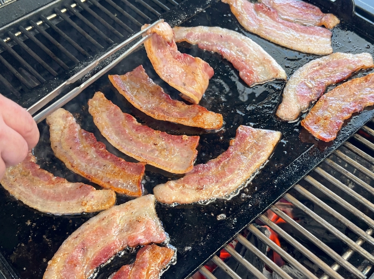 Fette di bacon spesso che sfrigolano su una piastra posizionata sopra un barbecue rovente, con delle pinze che ne girano una.