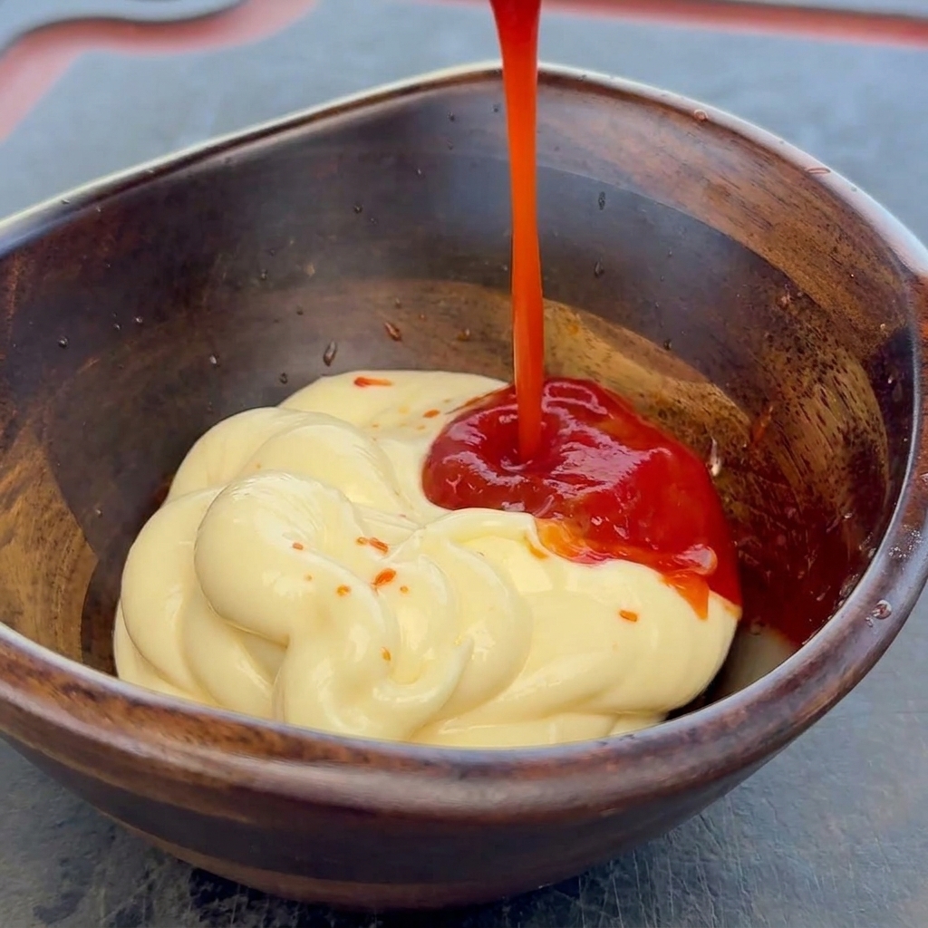 Ketchup rosso versato in una ciotola di legno sopra uno strato di maionese.