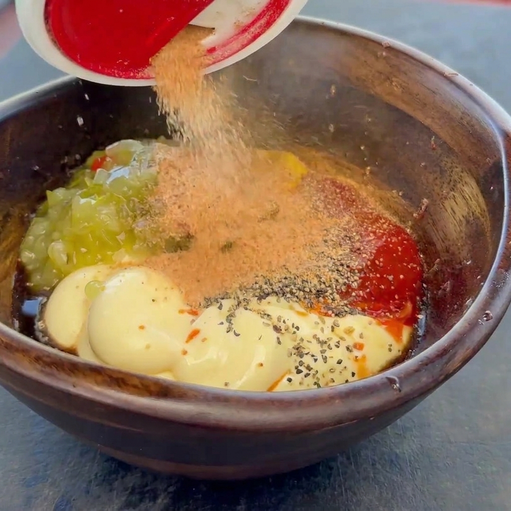 Spezie e condimenti versati da un contenitore in una ciotola di legno con maionese, ketchup e relish.
