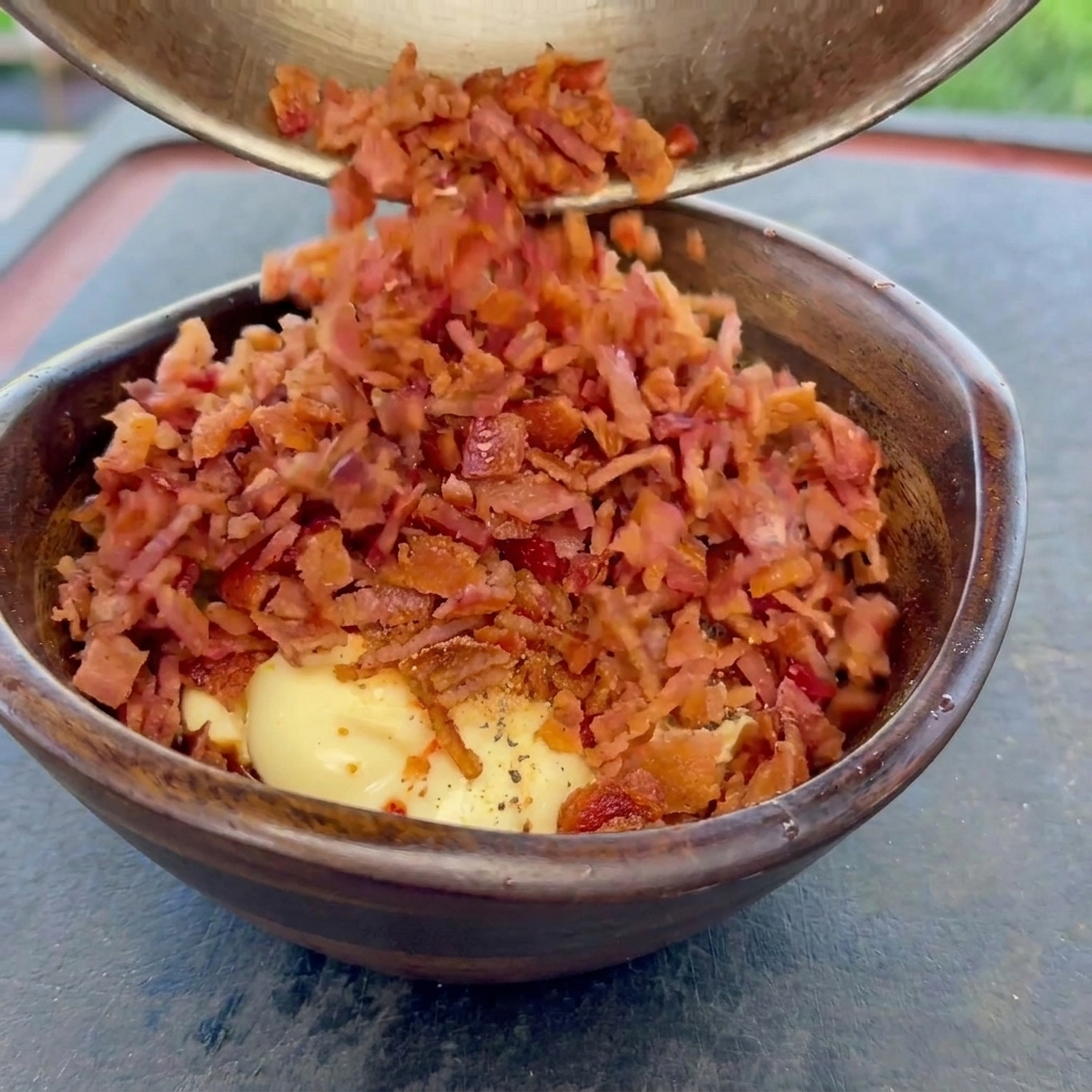 Pezzetti di bacon croccante sminuzzato versati in una ciotola di legno contenente la salsa cremosa già condita.