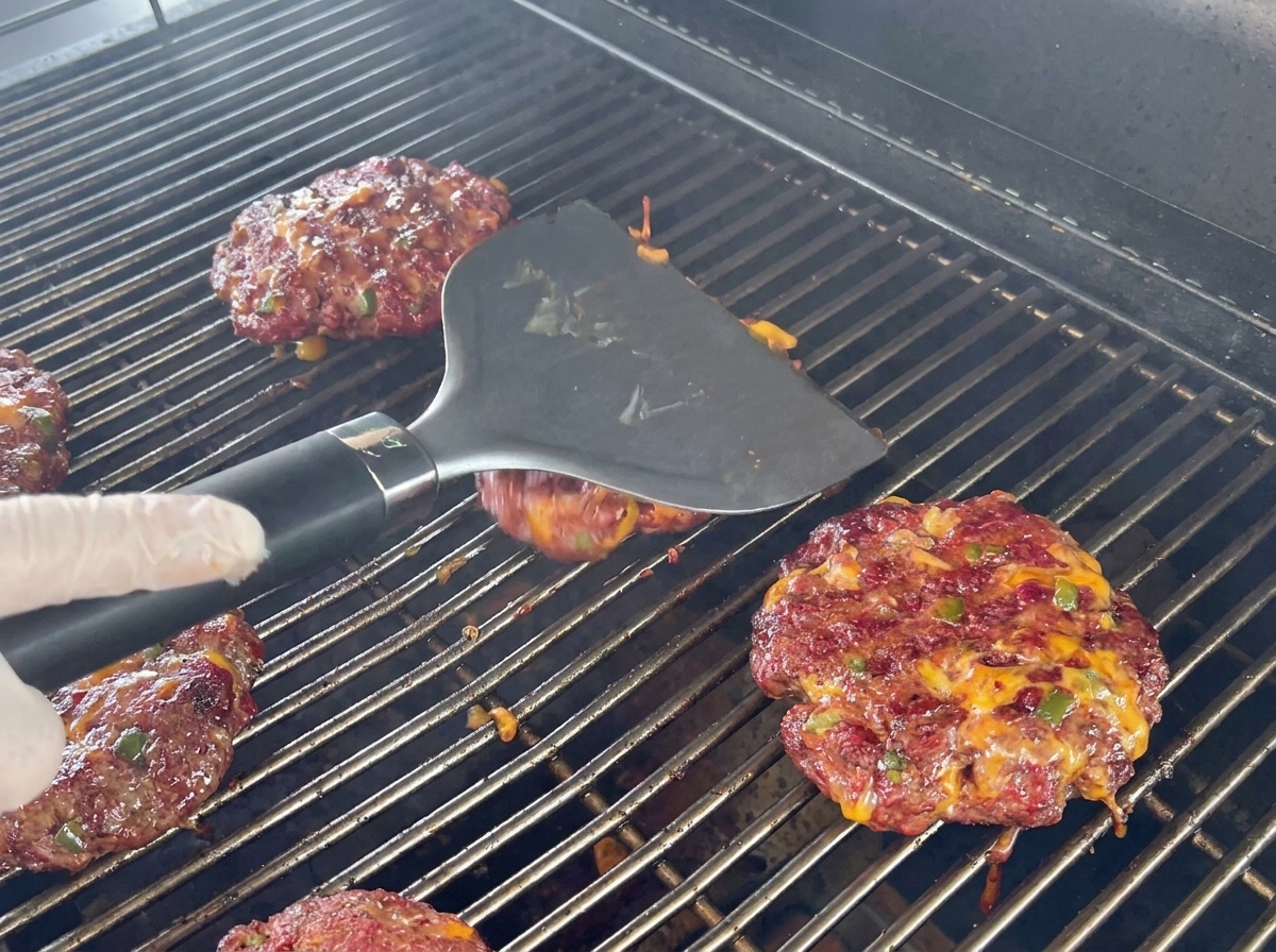 Spessi burger di manzo con formaggio e peperoni in cottura sulla griglia, con una mano che usa una spatola nera per girarne uno.