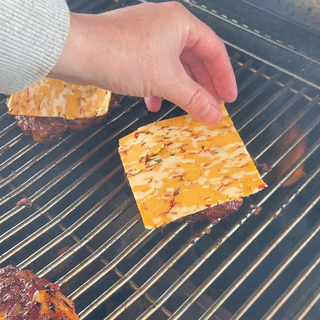 Una mano che posiziona con cura una fetta quadrata di cheddar marmorizzato su un burger di manzo dorato sulla griglia.