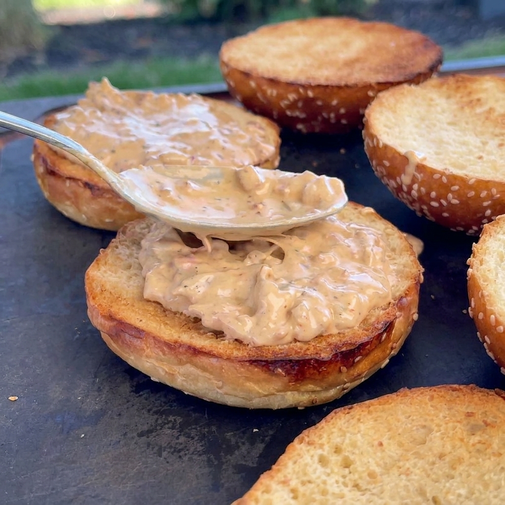 Un cucchiaio di metallo distribuisce uno strato denso di salsa al bacon su panini al sesamo tostati.