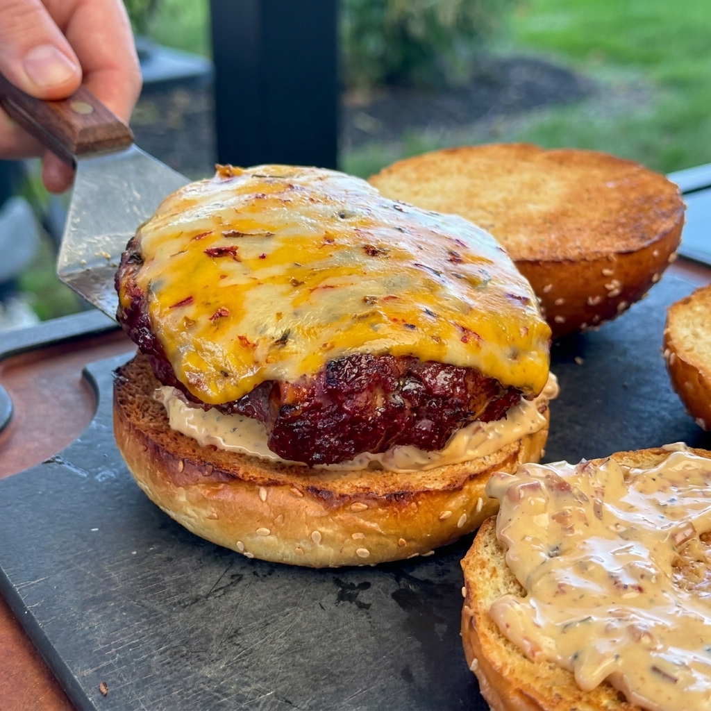 Una spatola di metallo adagia un grosso burger grigliato con formaggio fuso su un pane al sesamo tostato e condito con salsa.