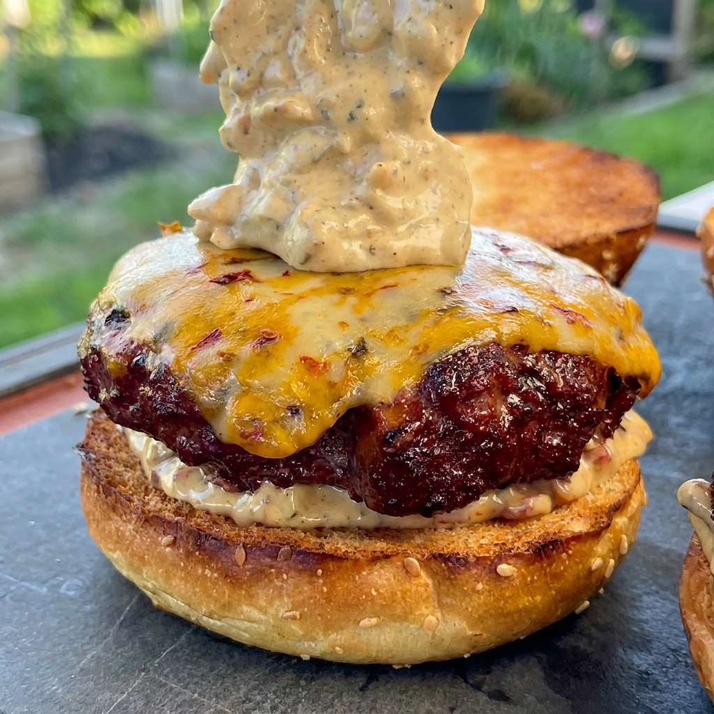 Una generosa cucchiaiata di salsa densa al bacon aggiunta sopra un burger affumicato coperto di formaggio fuso su un panino tostato.