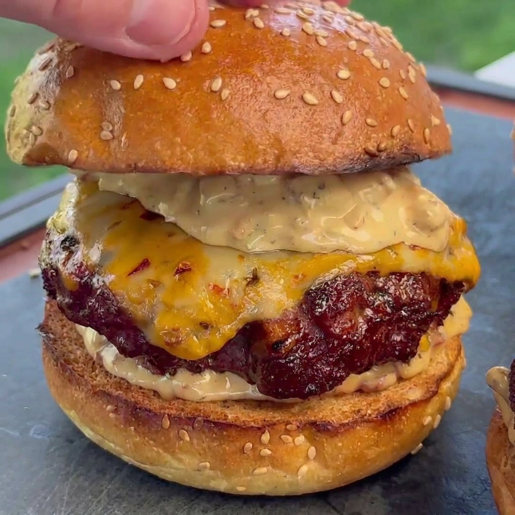 Una mano posiziona la parte superiore di un panino al sesamo tostato sopra un ricco burger coperto di formaggio fuso e salsa al bacon.