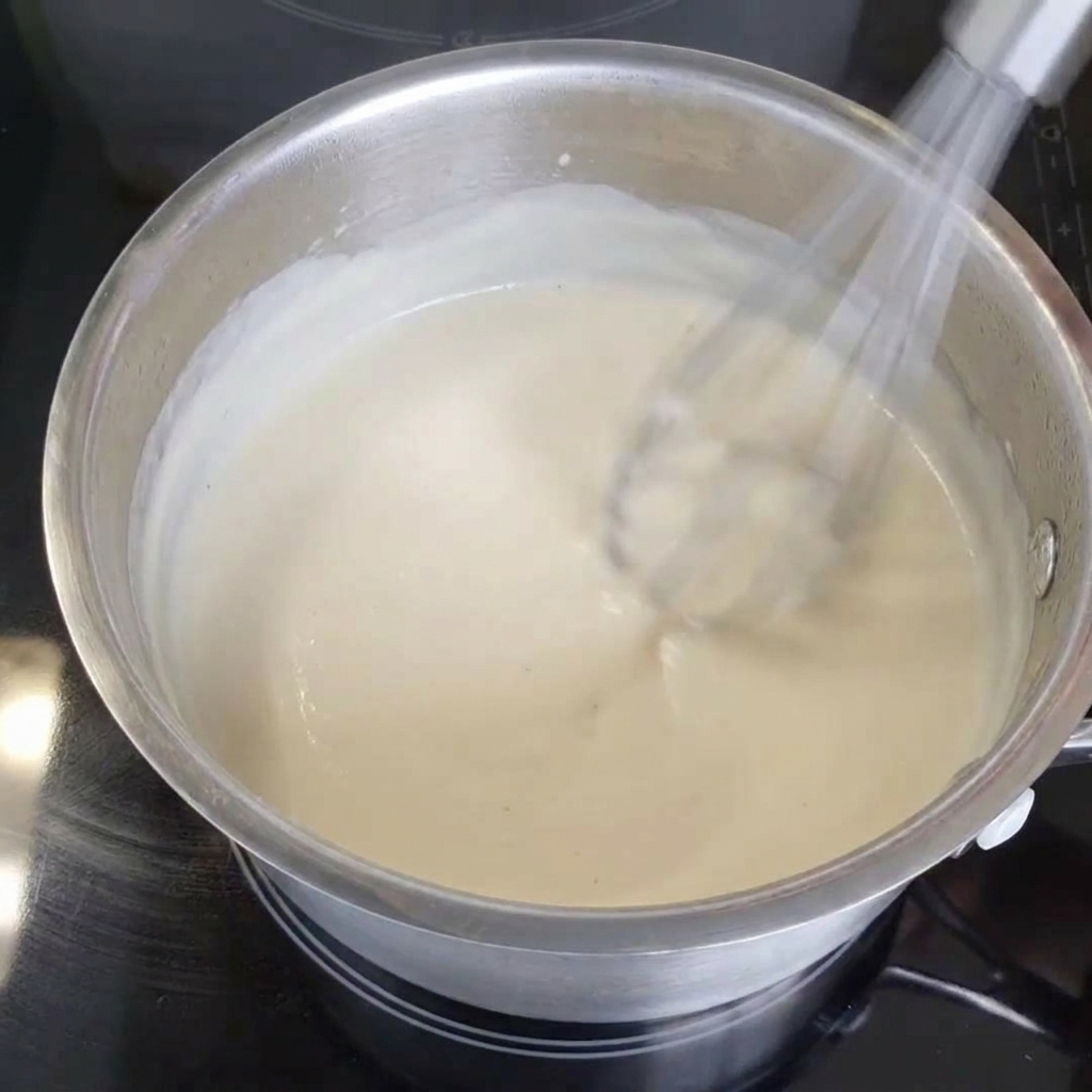 Una frusta da cucina in metallo che mescola rapidamente una salsa bianca e cremosa in un pentolino.