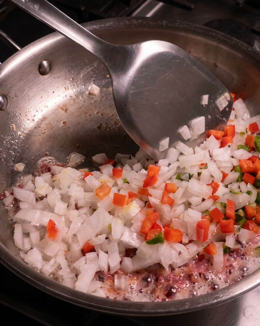 Una spatola di metallo mescola un mix colorato di cipolle, peperoni e bacon in cottura in una padella dacciaio.