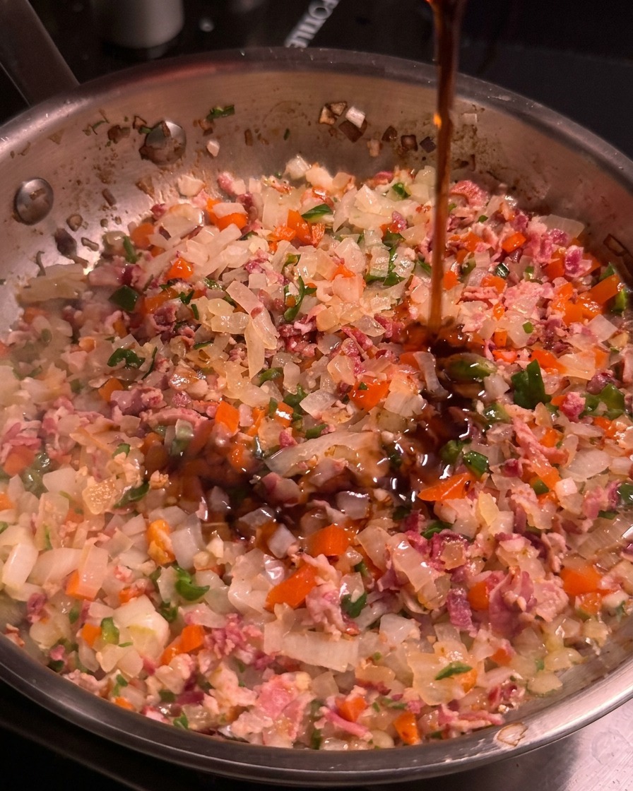 Sciroppo dacero versato in una padella dacciaio contenente bacon, cipolle e peperoni tritati.