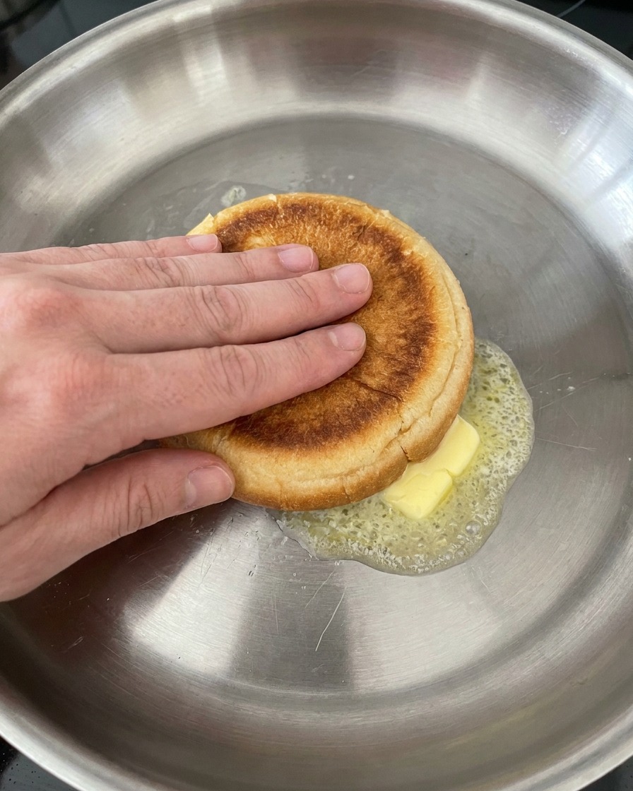Una mano preme la metà di un panino da hamburger con il lato tagliato rivolto verso il basso nel burro fuso schiumoso allinterno di una padella dacciaio.