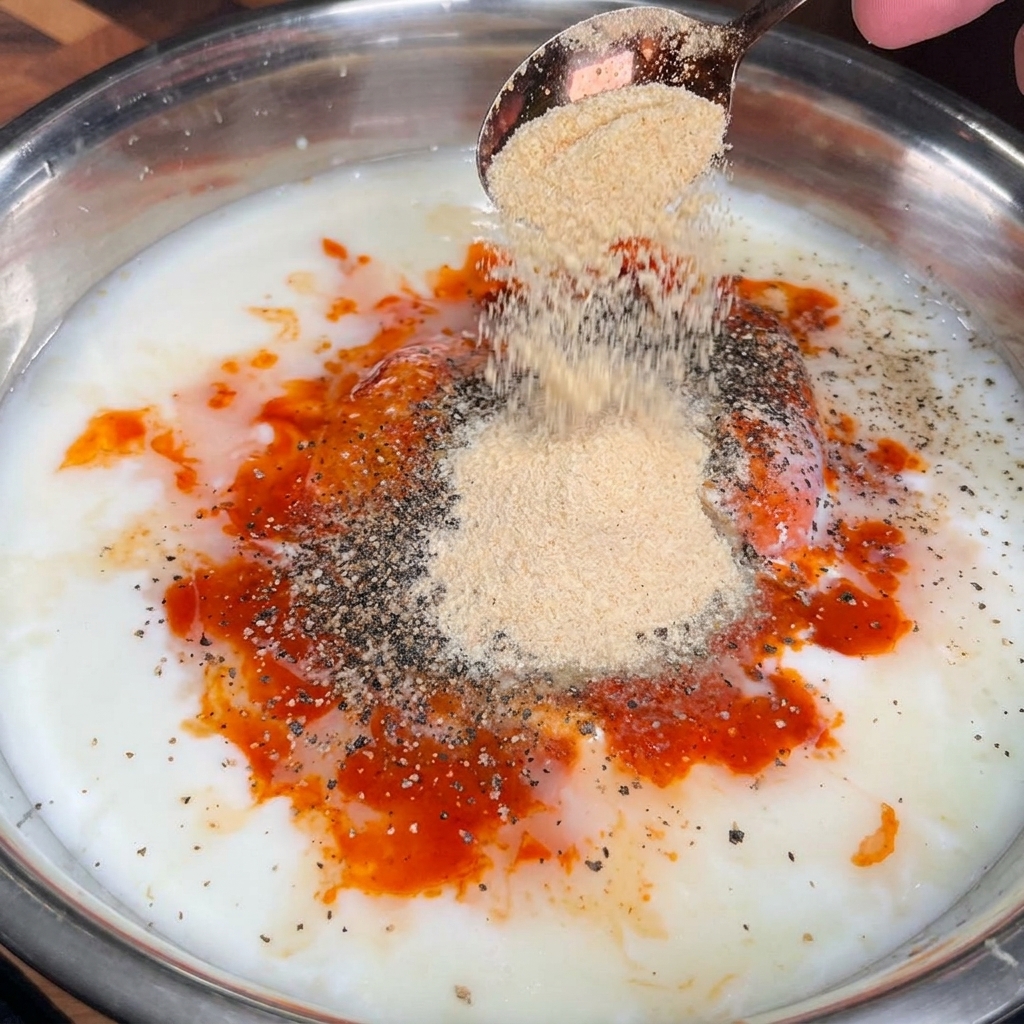 Un cucchiaio di aglio e cipolla in polvere aggiunto a una grande ciotola piena di sovracosce di pollo, latticello, spezie e salsa piccante rossa brillante.