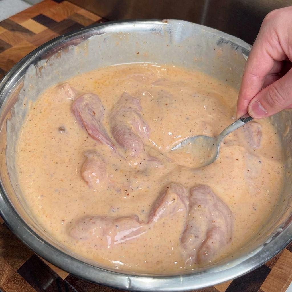 Una mano che usa un cucchiaio per mescolare la marinatura al latticello speziato attorno ai pezzi di pollo crudo in una ciotola di acciaio inox.