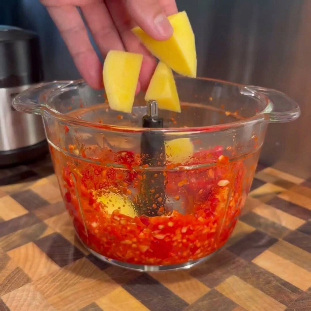 Pezzi di mango giallo fresco aggiunti a un robot da cucina contenente una vivace pasta di peperoncino rosso.