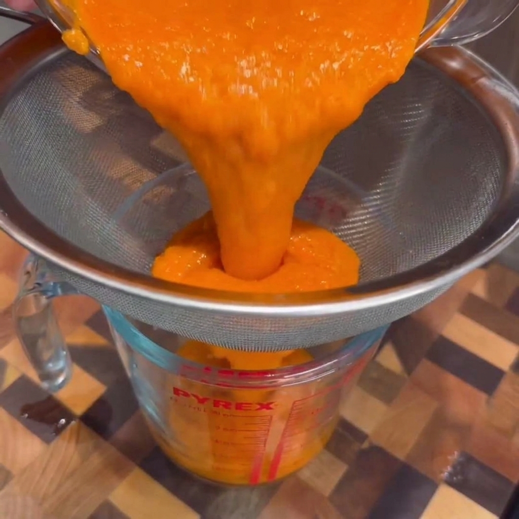 Salsa piccante liscia e arancione brillante versata e filtrata attraverso un setaccio a maglie fini in un misurino di vetro trasparente.
