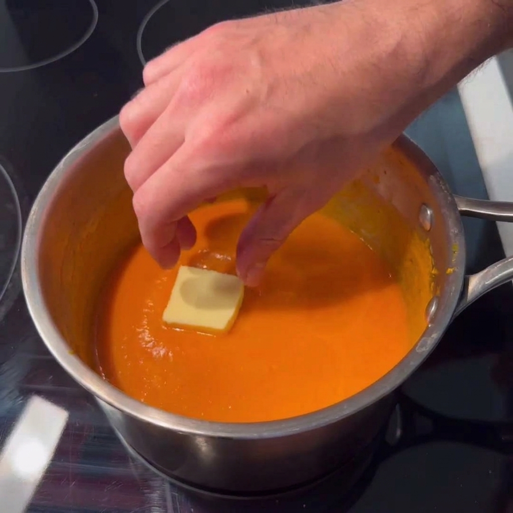 Una mano che lascia cadere un grosso blocco quadrato di burro in una salsa piccante arancione in ebollizione allinterno di una casseruola di acciaio inox.