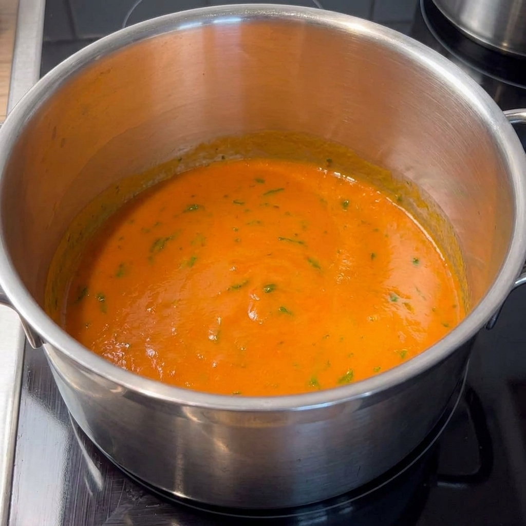 Una pentola in acciaio inox piena di una salsa buffalo arancione, ricca e lucida, tempestata di erba cipollina verde finemente tritata, posata su un piano cottura.
