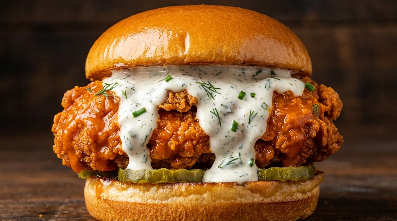 Burger Gourmet di Pollo Fritto Buffalo con Ranch al Mango Fatta in Casa