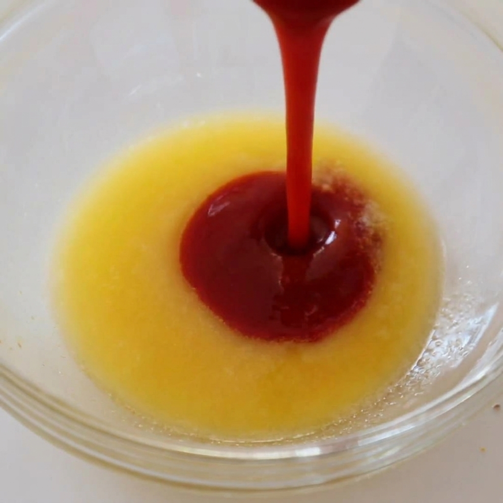 Un flusso di salsa buffalo rosso brillante versata in una ciotola di vetro contenente burro fuso dorato.