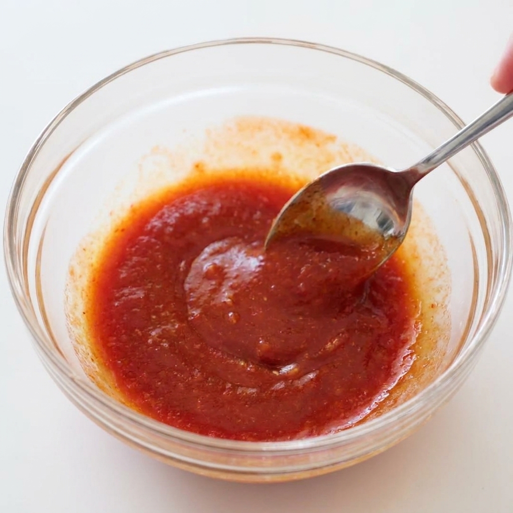 Un cucchiaio di metallo che mescola una vibrante salsa buffalo rossa in una ciotola di vetro trasparente per amalgamare gli ingredienti.