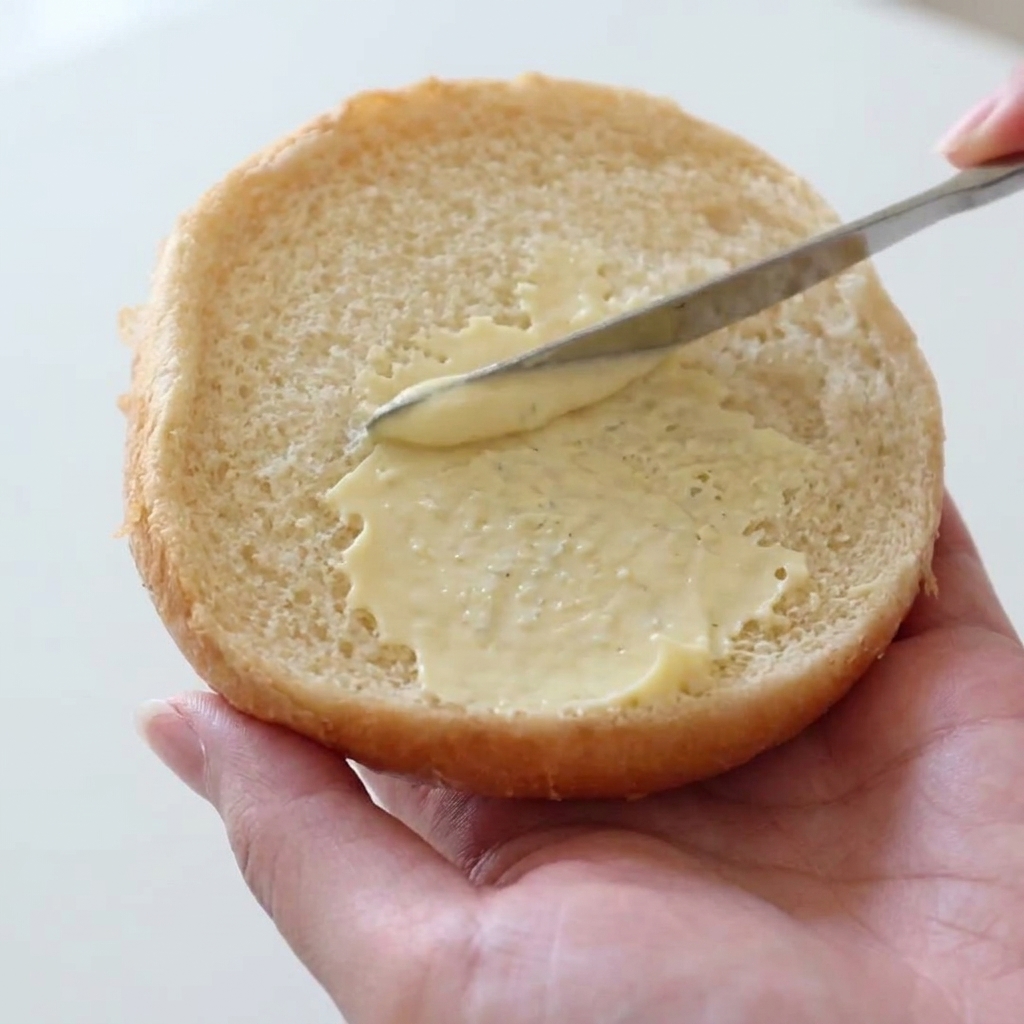 Una mano che tiene mezza pagnotta per hamburger mentre un coltello da burro spalma delicatamente uno strato di maionese cremosa sulla superficie.