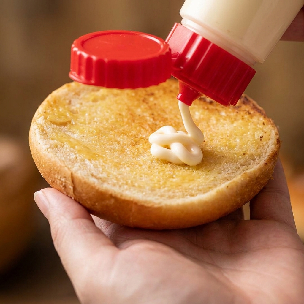 Una mano che spreme della maionese cremosa da un flacone dal tappo rosso su un panino per hamburger tostato dorato tenuto nel palmo della mano aperta.