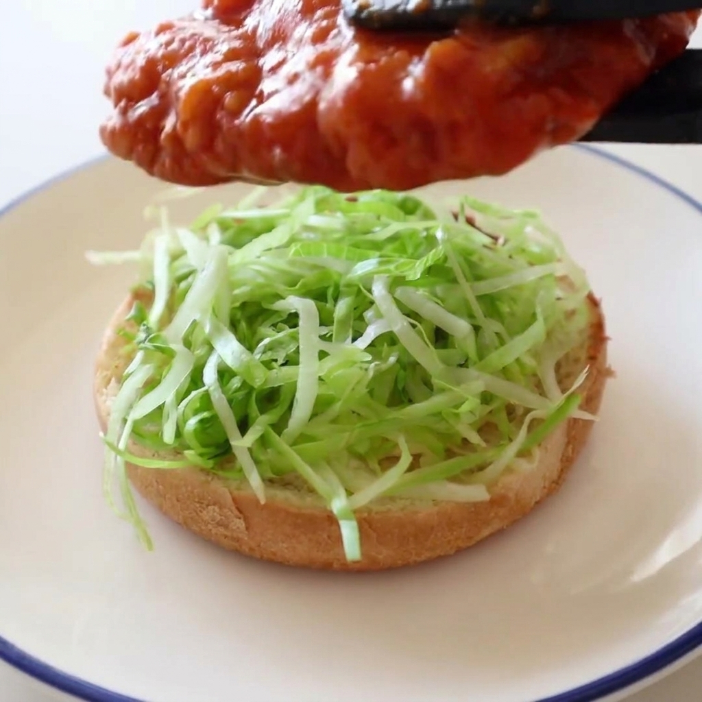 Pinze nere che tengono un filetto di pollo fritto coperto di salsa buffalo rosso brillante appena sopra un panino da hamburger tostato sormontato da fresca lattuga julienne.